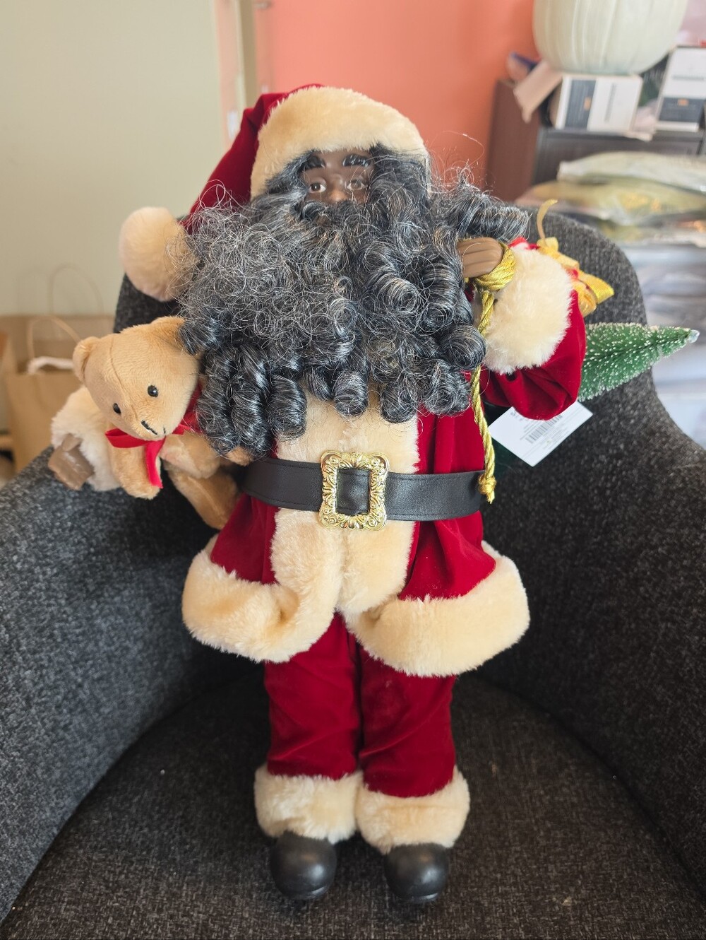 NWT 19" Detailed African American Black Santa Claus In Red Suit Christmas Decor